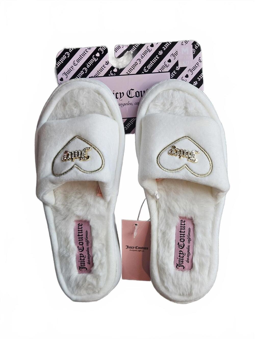 Juicy Couture White Fuzzy House Slippers Heart Gold Logo Women's Size 6.5 - 7.5